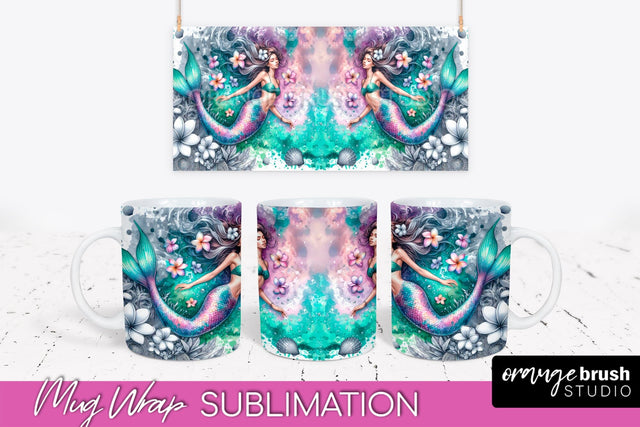 Mermaid Mug Wrap - Watercolor Mermaid Mug Sublimation Design Sublimation OrangeBrushStudio 