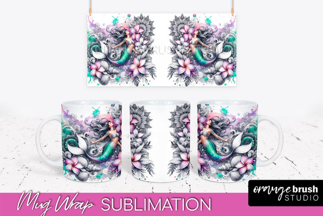 Mermaid Mug Wrap - Watercolor Mermaid Mug Sublimation Design Sublimation OrangeBrushStudio 