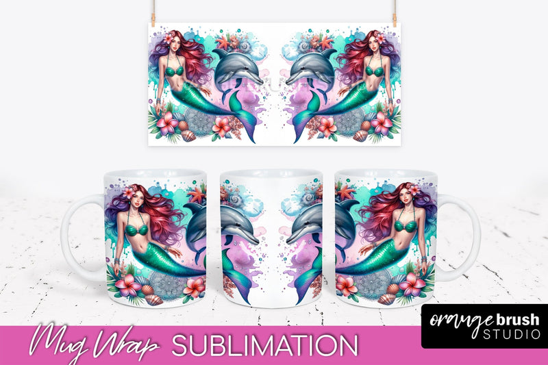Mermaid Mug Wrap - Watercolor Mermaid Mug Sublimation Design Sublimation OrangeBrushStudio 