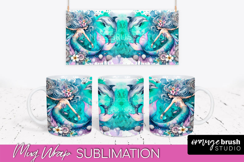 Mermaid Mug Wrap - Watercolor Mermaid Mug Sublimation Design Sublimation OrangeBrushStudio 
