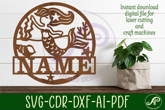 Mermaid name sign svg laser cut template SVG APInspireddesigns 