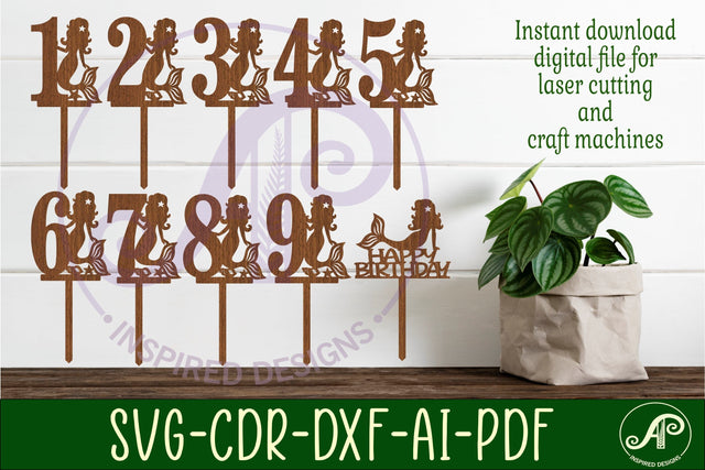 Mermaid number cake toppers, 10 designs SVG laser cut SVG APInspireddesigns 