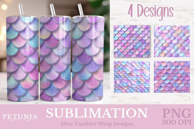 Mermaid Scale Glitter Tumbler Wrap 20oz Skinny PNG Sublimation Petunia Digital Design 