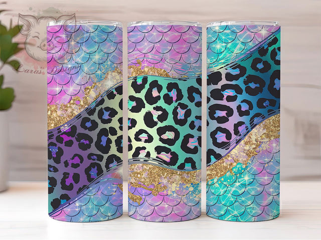 Mermaid Scale Leopard Print Tumbler, Leopard Print Tumbler, Fantasy Animal Print Tumbler, 20oz Tumbler Sublimation, Ocean Theme Tumbler, Digital Tumbler Wrap, Sparkly Mermaid Tumbler Sublimation Lara' s Designs 