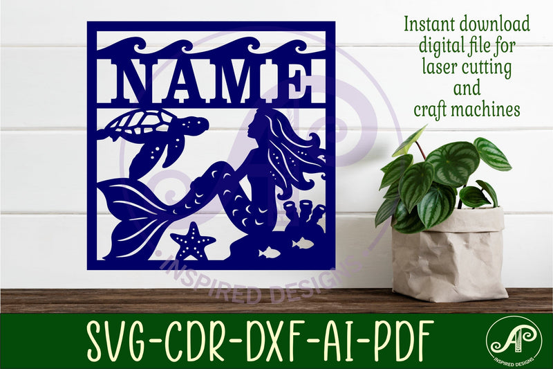 Mermaid square named wall sign or card topper svg laser cut - So Fontsy