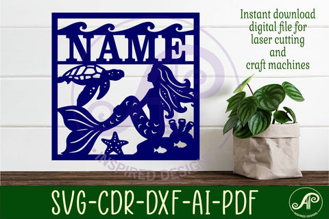 Mermaid square named wall sign or card topper svg laser cut SVG APInspireddesigns 