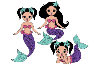 Mermaid SVG Bundle with 3 Cute Girls in Glitter Tails | Afro Mermaid Clipart Set, Magical Sea Princess PNG for Cricut, Sublimation, DXF Art SVG 1uniqueminute 