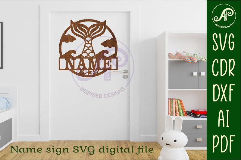 Mermaid tail name sign svg laser cut template - So Fontsy