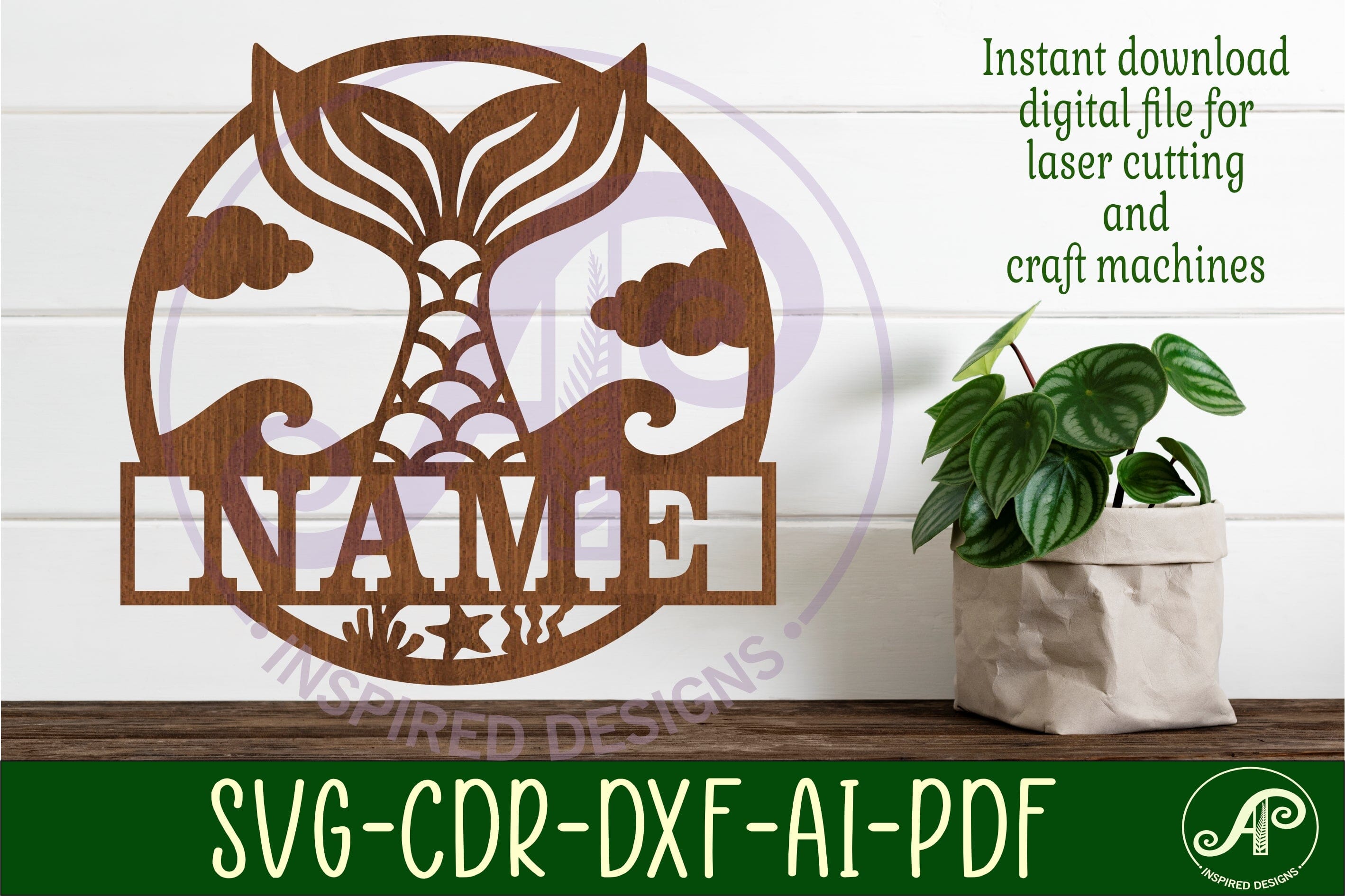 Mermaid tail name sign svg laser cut template - So Fontsy