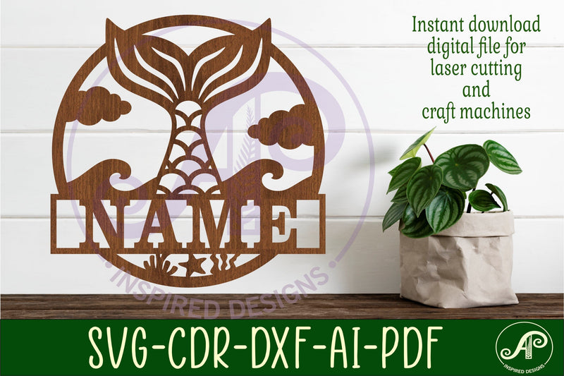 Mermaid tail name sign svg laser cut template - So Fontsy