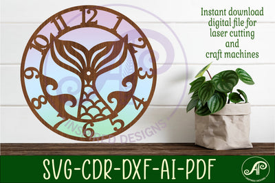 Mermaid tail wall clock laser cut files, SVG file SVG APInspireddesigns 
