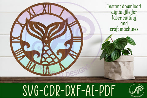 Mermaid tail wall clock laser cut files, SVG file SVG APInspireddesigns 