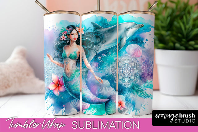 Mermaid Tumbler Wrap, Watercolor Mermaid Tumbler Sublimation Sublimation OrangeBrushStudio 