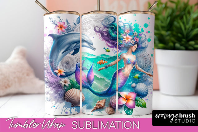 Mermaid Tumbler Wrap, Watercolor Mermaid Tumbler Sublimation Sublimation OrangeBrushStudio 