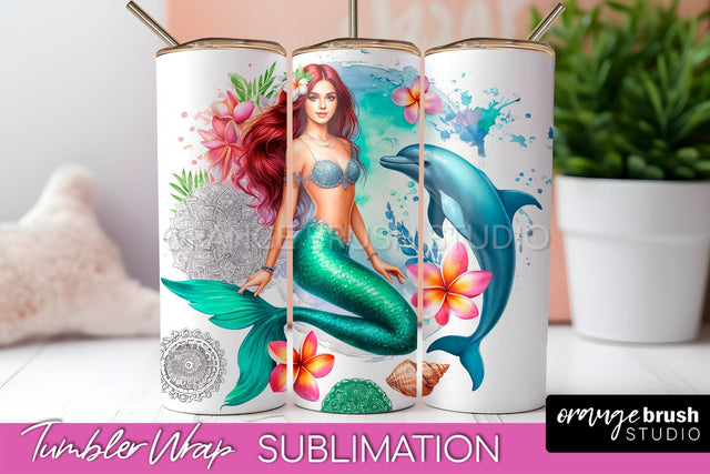 Mermaid Tumbler Wrap, Watercolor Mermaid Tumbler Sublimation Sublimation OrangeBrushStudio 