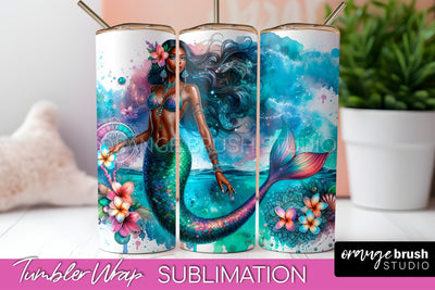 Mermaid Tumbler Wrap, Watercolor Mermaid Tumbler Sublimation Sublimation OrangeBrushStudio 