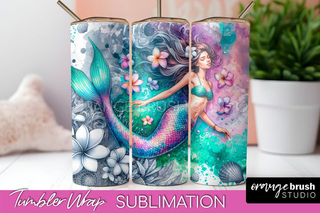 Mermaid Tumbler Wrap, Watercolor Mermaid Tumbler Sublimation Sublimation OrangeBrushStudio 