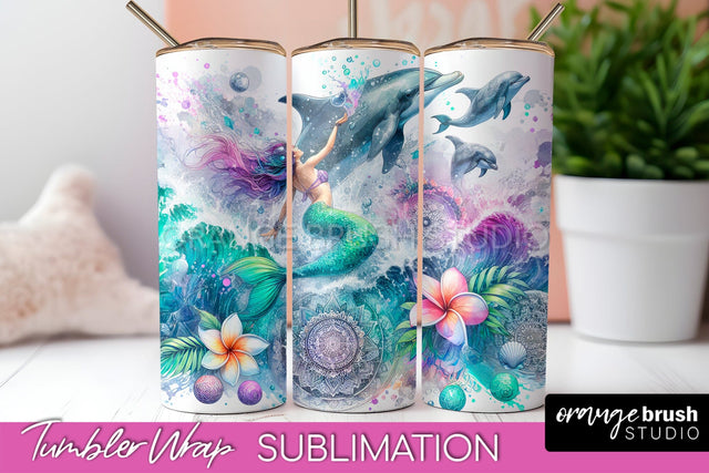 Mermaid Tumbler Wrap, Watercolor Mermaid Tumbler Sublimation Sublimation OrangeBrushStudio 