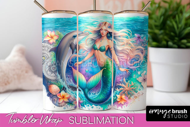 Mermaid Tumbler Wrap, Watercolor Mermaid Tumbler Sublimation Sublimation OrangeBrushStudio 