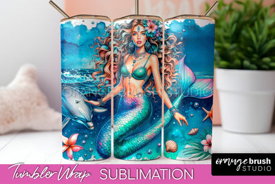 Mermaid Tumbler Wrap, Watercolor Mermaid Tumbler Sublimation Sublimation OrangeBrushStudio 