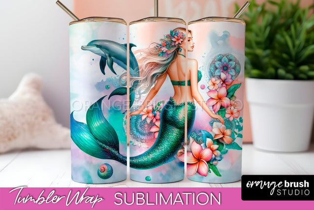 Mermaid Tumbler Wrap, Watercolor Mermaid Tumbler Sublimation Sublimation OrangeBrushStudio 