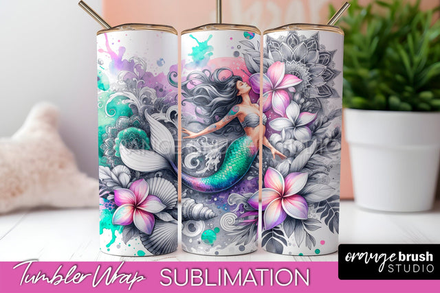 Mermaid Tumbler Wrap, Watercolor Mermaid Tumbler Sublimation Sublimation OrangeBrushStudio 