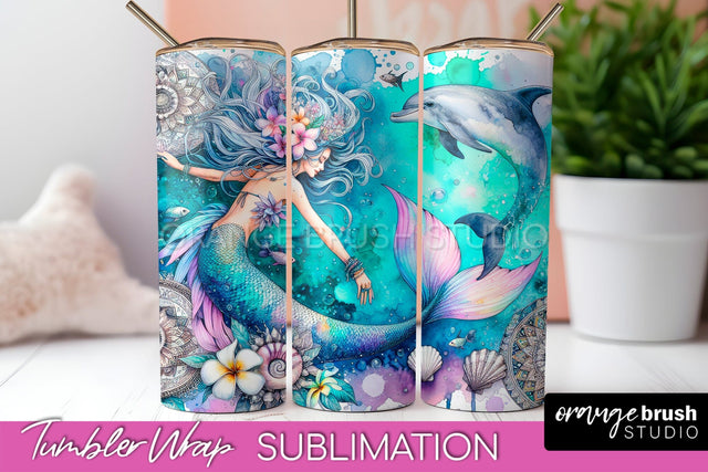 Mermaid Tumbler Wrap, Watercolor Mermaid Tumbler Sublimation Sublimation OrangeBrushStudio 