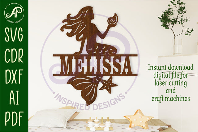 Mermaid with shell name sign svg laser cut file SVG APInspireddesigns 
