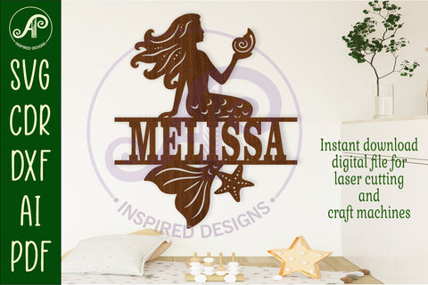 Mermaid with shell name sign svg laser cut file SVG APInspireddesigns 