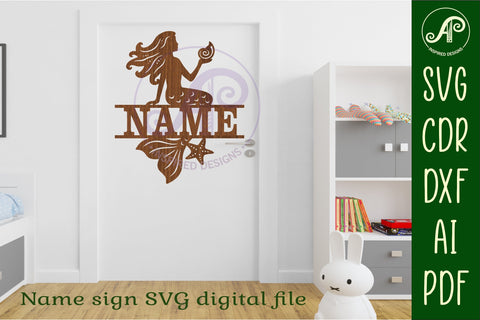 Mermaid with shell name sign svg laser cut file SVG APInspireddesigns 