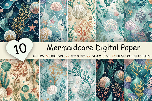 Mermaidcore Digital Paper Pack, Seamless Watercolor Pattern Bundle, Printable Scrapbook Paper, Ocean Pearl Design Collection Digital Pattern FloridPrintables 