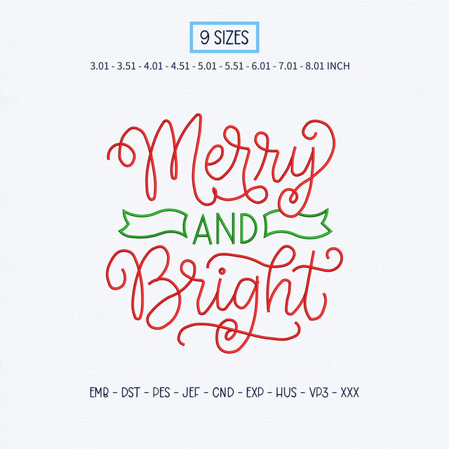 Merry and Bright Christmas Embroidery Design – Festive Red Green Holiday Script Machine Embroidery File Embroidery/Applique DESIGNS PatternFeed8 