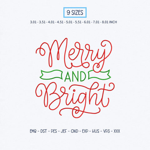 Merry and Bright Christmas Embroidery Design – Festive Red Green Holiday Script Machine Embroidery File Embroidery/Applique DESIGNS PatternFeed8 