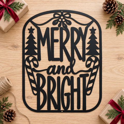 Merry and Bright Christmas Sign Laser SVG | Christmas Door Sign DXF | Holiday Laser Cut File | Christmas Metal Wall Art | CNC Plasma Cut SVG HappyDesignStudio 