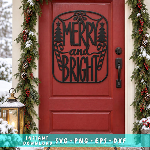 Merry and Bright Christmas Sign Laser SVG | Christmas Door Sign DXF | Holiday Laser Cut File | Christmas Metal Wall Art | CNC Plasma Cut SVG HappyDesignStudio 