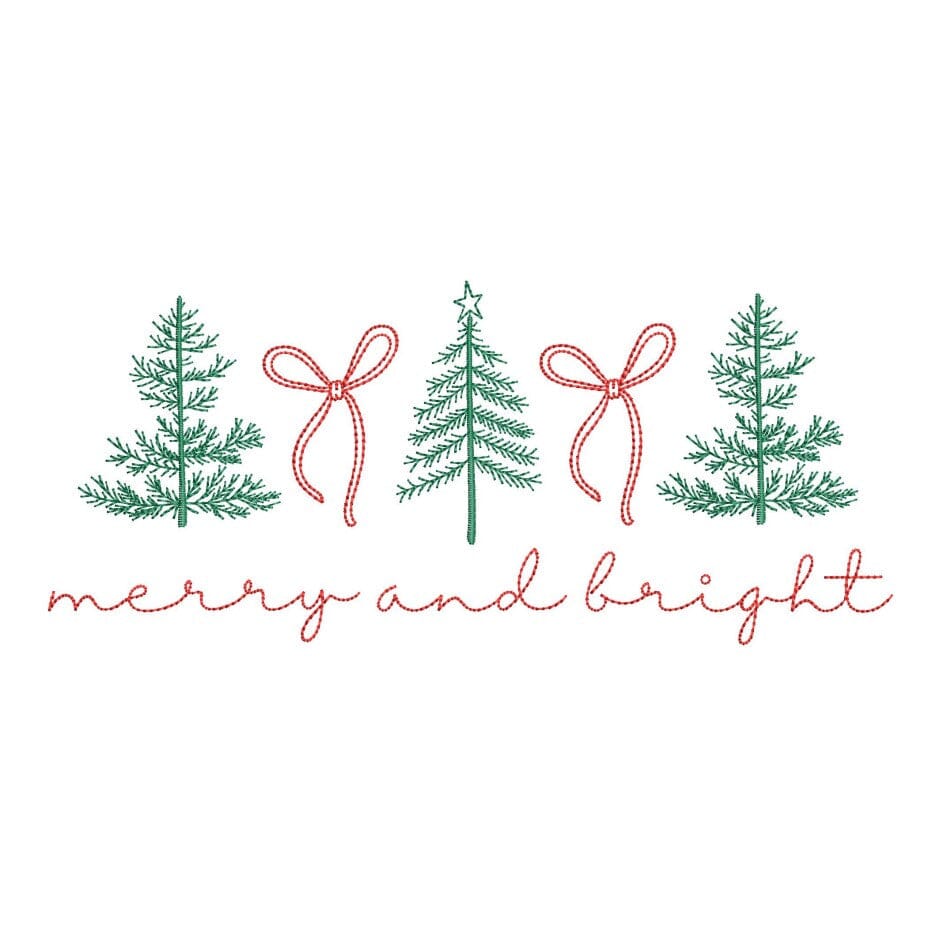 Merry and Bright Christmas Trees Ribbon Embroidery Design, 5 sizes ...