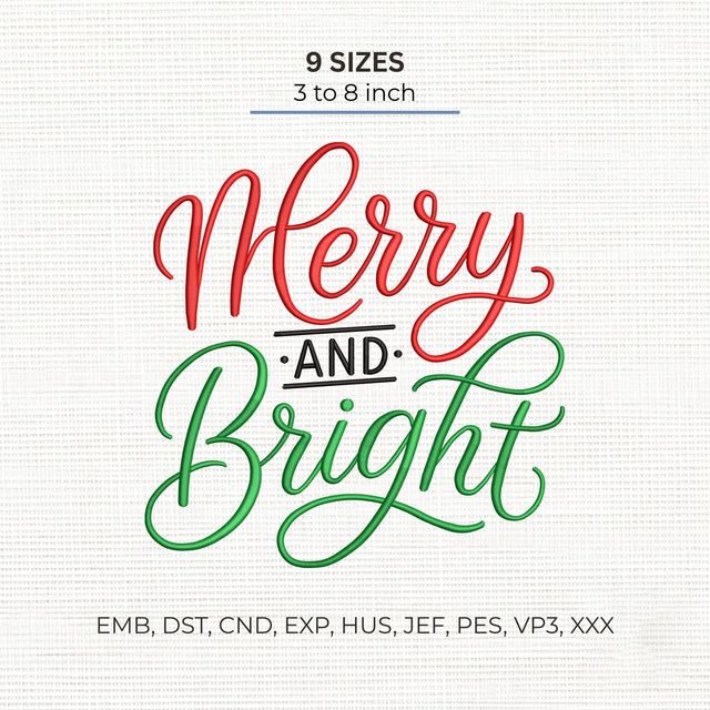 Merry and Bright Embroidery Design – Christmas Script Holiday Quote Machine Embroidery File Embroidery/Applique DESIGNS PatternFeed8 