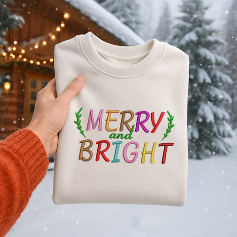 Merry and Bright Embroidery Design, Colorful Christmas Lettering, Holiday Machine Embroidery for Sweatshirts & Tees, Festive Pattern PES Embroidery/Applique DESIGNS HappyDesignStudio 