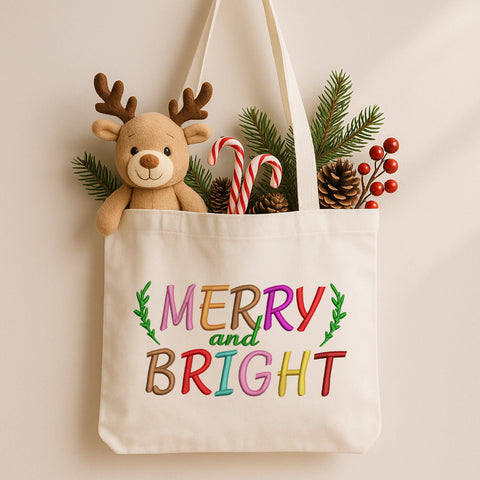 Merry and Bright Embroidery Design, Colorful Christmas Lettering, Holiday Machine Embroidery for Sweatshirts & Tees, Festive Pattern PES Embroidery/Applique DESIGNS HappyDesignStudio 