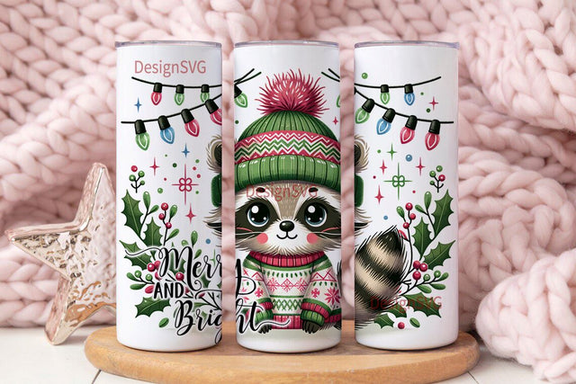 Merry and Bright Feral Tumbler PNG, Christmas Png, Sublimation Design, Raccoon 20 Oz Skinny Sublimation Tumbler PNG Sublimation DesignSVG 