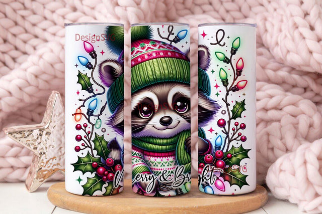 Merry and Bright Feral Tumbler PNG, Christmas Png, Sublimation Design, Raccoon 20 Oz Skinny Sublimation Tumbler PNG Sublimation DesignSVG 