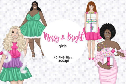 Merry And Bright Girls Clipart | Christmas Girl Clip Art SVG GlamArtZhanna 