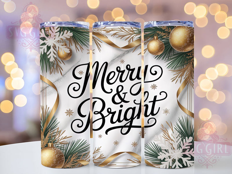 Merry and Bright Gold Christmas Tumbler, Elegant Christmas Sublimation Design, Festive Holiday Cup Art, 20oz Xmas Tumbler, Whimsical Gold Mug, Stylish Christmas Cup, Cozy Holiday Wrap Sublimation SvggirlplusArt 