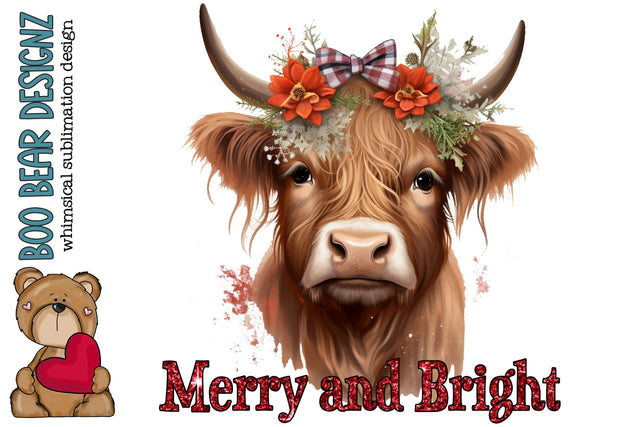 Merry and bright highland cow Sublimation Sublimation Boo Bear Designz 