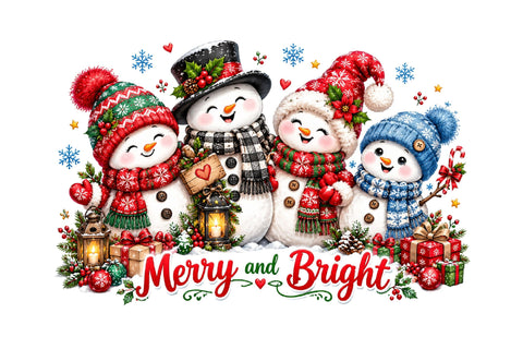 Merry and Bright Snowman Christmas Clipart Sublimation SVGArt 