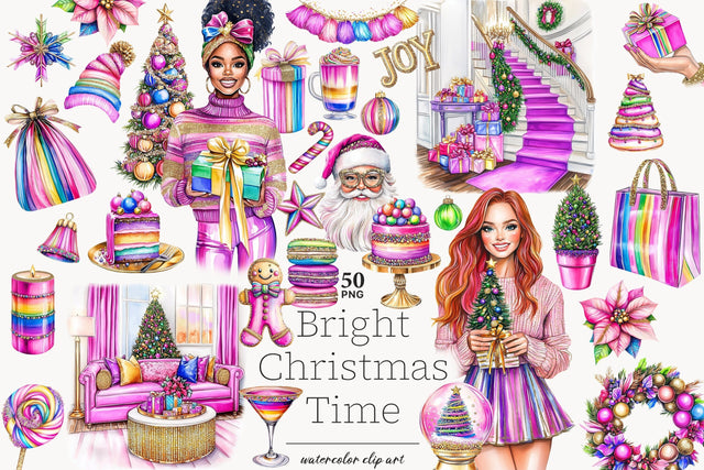 Merry & Bright Christmas Clipart | Festive Pink Holiday PNGs SVG GlamArtZhanna 