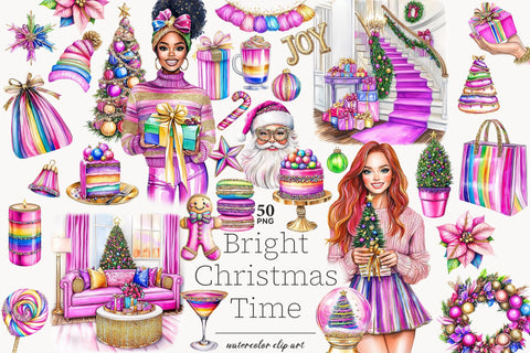 Merry & Bright Christmas Clipart | Festive Pink Holiday PNGs SVG GlamArtZhanna 