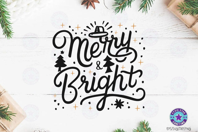 Merry & Bright, Christmas Quote SVG Design, Christmas Sublimation SVG FiveStarCrafting 