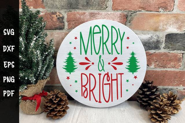 Merry & Bright, Christmas Round Sign SVG SVG CraftLabSVG 