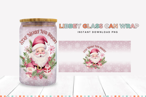 Merry & Bright Pink Santa Glass Can Sublimation PNG Sublimation BijouBay 
